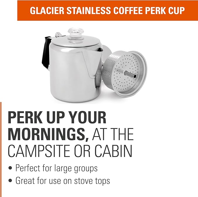 GSI Outdoors Percolator Coffee Pot I Glacier Stainless Steel with Silicone Handle for Camping, Backpacking, Travel, RV & Hunting - Stove Safe