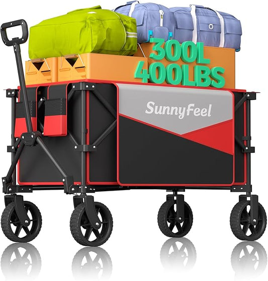 SunnyFeel Heavy Duty Collapsible Outdoor Utility Wagon Cart 300LB Capacity Adjustable Handlebar,Foldable Beach Wheels Stable Durable Oxford Fabric for Shopping Garden Camping (Black & Red)