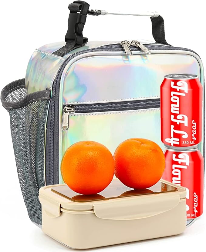 FlowFly Kids Lunch box Insulated Soft Bag Mini Cooler Back to School Thermal Meal Tote Kit for Girls, Boys(Holographic)
