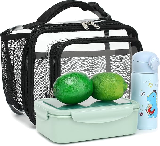 FlowFly Clear Kids Lunch Box, See Through Plastic Lunch Bag with buckle for Boys & Girls, Stadium Approved Clear Bag with Front Pocket for Work Concerts Sports Events Festivals