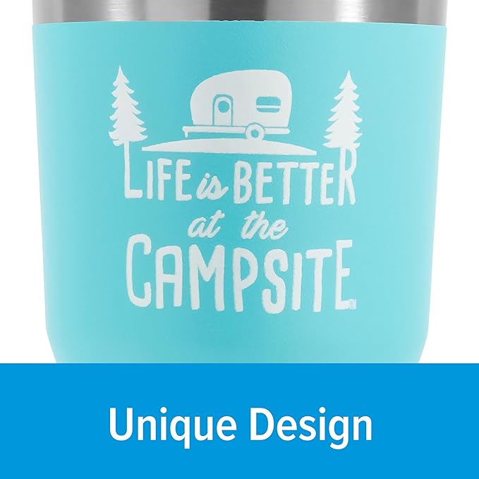 Camco Life is Better at The Campsite Tumbler | Heavy Duty Double Wall Vacuum Insulation | Crafted of 18/8 Stainless Steel | Unique “Life is Better at The Campsite” Design on Cool Blue | 30-oz (53058)