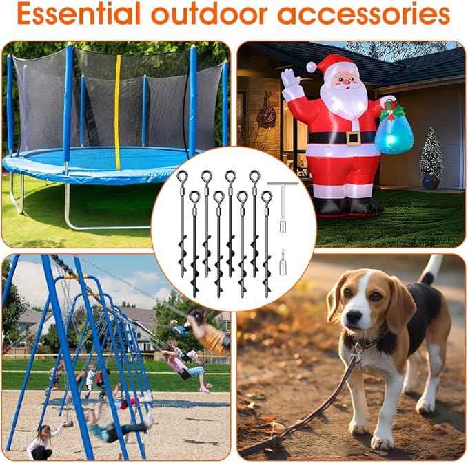 Ground Anchors, Trampoline Anchors Heavy Duty Screw in Ground Anchors 8Pack,Tent Stakes for Camping Tent, Trampoline, Canopies, Carports, Sheds, Swing Sets,14in Ground Anchors for High Winds, Black