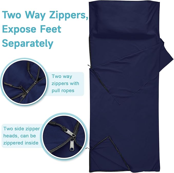 Sleeping Bag Liner, Self Tan Sleep Sack, Adult Sleep Sack, Two-Way-Zipper Expose Feet Separately, Portable Single Camping Travel Sheets for Hotel,Hostels,Business Trips