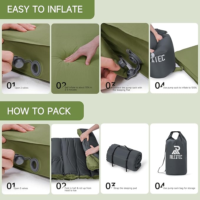 4" Thick Self-Inflating Camping Pad, Camping Sleeping Pads with Solid Foam, Sleeping Pad with Pump Sack, Compact Double Camping Sleep Bed for Tent, Car, Truck or Van (Double)