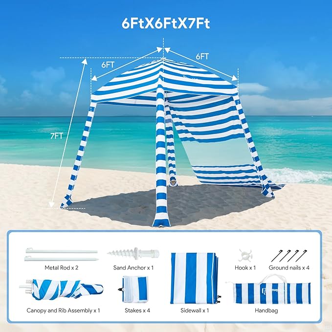 Grandekor 6'x6' UPF 50+ UV Protection Beach Cabana Canopy Portable Instant Setup with Sand Anchors Hanging Hooks Sidewalls Family Beach Outings Outdoor Shade Shelter Windproof Sand Pockets