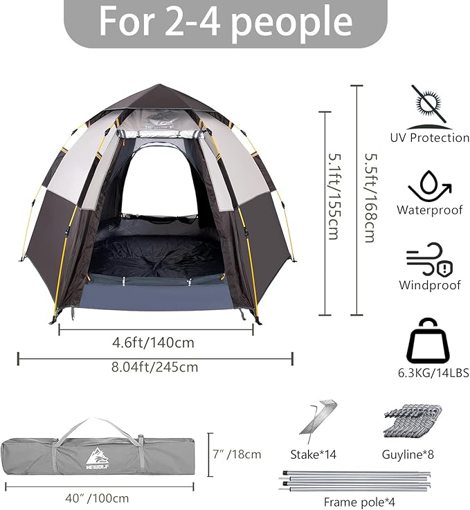Hewolf 2/3/4 Person Camping Tent - Instant Pop Up Waterproof 2 Doors Tent with Easy Setup | 3-Season Hexagonal Dome Design for Family, Hiking & Traveling