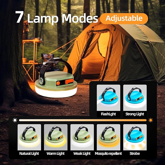 LED Camping Lantern Rechargeable 1000lm: 2-in-1 10000mAh Rechargeable Camping Light and Phone Charger for Hiking,Travel - 7 Light Modes Emergency Hanging Light for Hurricane, Power Outage, 100W Green