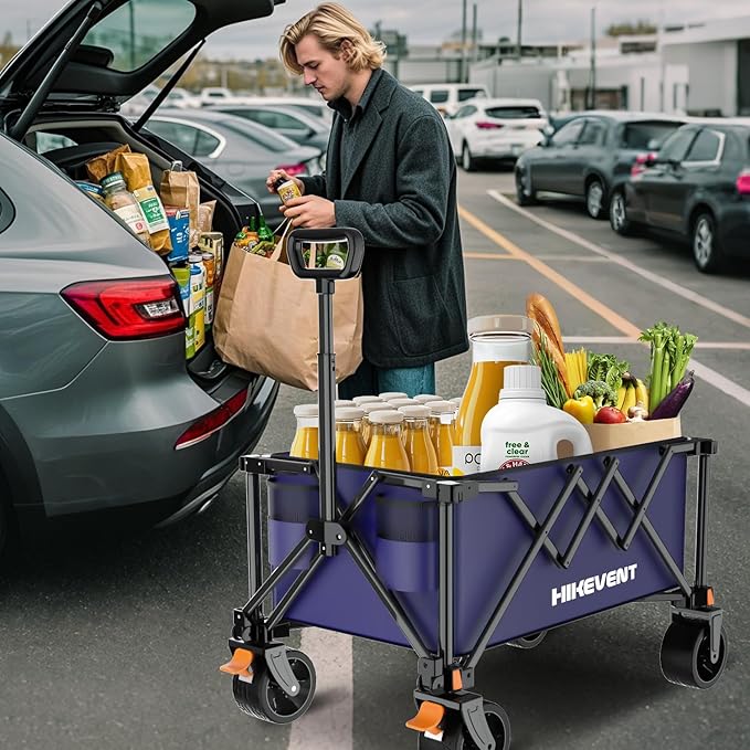 Collapsible Wagon Cart, 360LBS Heavy Duty Foldable Beach Wagon with Wider Wheels, Utility Grocery Shopping Cart for Garden, Camping, Sports, Blue