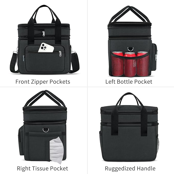 Coobiiya Lunch Box for Men Expandable Lunch Bag, 23L Large Cooler Lunch Box, Insulated Lunch Bag for Work/Adult with 4 Ice Packs&2 Snack Bags Double Deck Leakproof Heavy Duty bags for Women- Black