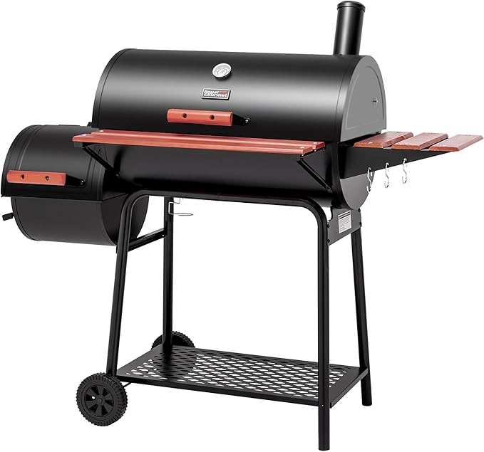 Royal Gourmet CC1830W 30-Inch Charcoal Grill with Offset Smoker and Wood-Painted Side Table, Outdoor Smoker Grill with 811 Sq. In. Cooking Area for Outdoor Barbecue Event, Black