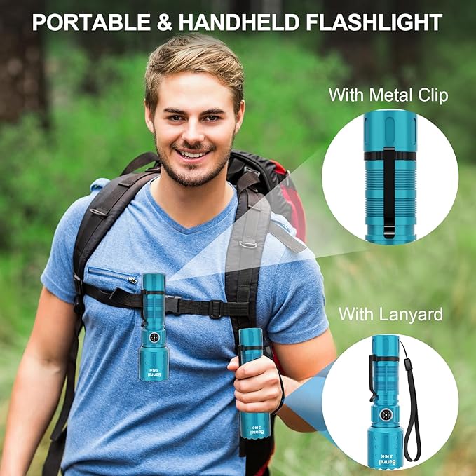 Flashlights High Lumens Rechargeable, 20000 Lumens Super Bright 1500 Meters Long Range Small Powerful Flashlight, 6 Modes LED Tactical Pocket Waterproof Flash Light for Camping (2, Black/Turquoise)