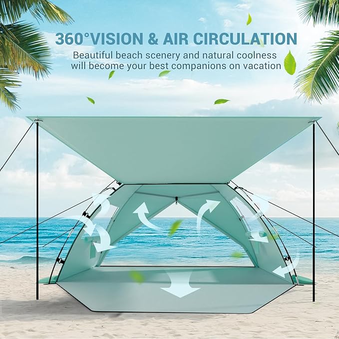 Elegear Beach Tent Sun Shelter with Canopy, 6-8 Person Pop Up Beach Tent, Easy Setup UPF 50+ UV Protection Portable Lightweight Double Silver Coating Beach Cabana Sun Shade Shelter - Green