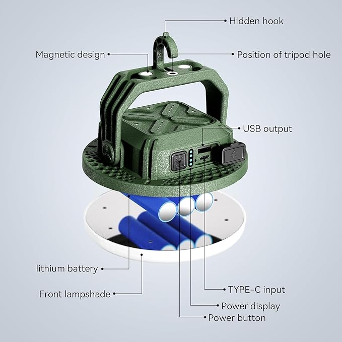 VAVOFO 15,000mAh 4000LM LED Camping Lantern Rechargeable, 3 Lighting Modes Portable Tent Light with Magnet, IP65 Waterproof Hanging Light for Emergencies, Power Outages ,Hurricane(Green)