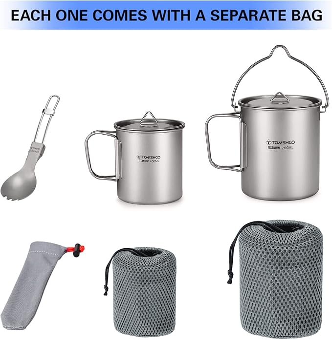 TOMSHOO Titanium Pot with Lid - Camping Mug with Foldable Handle for Hiking, Travelling, Backpacking