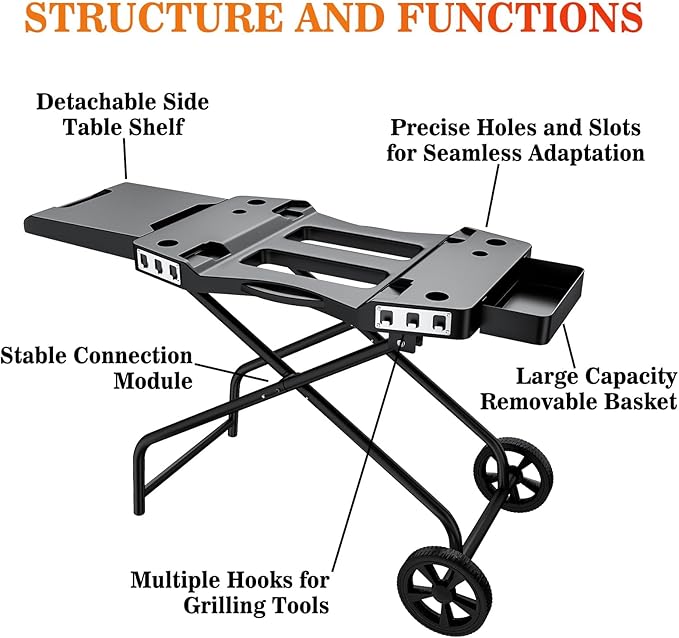 GRISUN Foldable Grill Cart for Ninja OG700–OG750 & Blackstone 22" | Portable BBQ Stand with Wheels, Side Table & Storage Basket