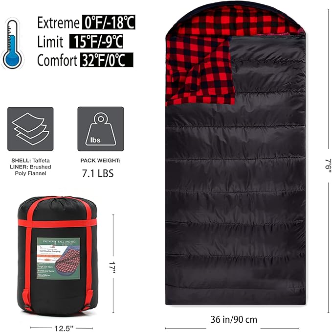 0 Degree Sleeping Bag Cotton Flannel Sleeping Bags for Adults Cold Weather Camping Winter Zero Degree Warm Weather Big and Tall