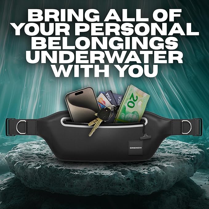 Drench 100% Underwater Waterproof Fanny Pack. Waist Pack. Submersible Waterproof Phone Pouch. Dry Bag for Swimming & Snorkelling. Underwater Phone case. (black with 2 rings)