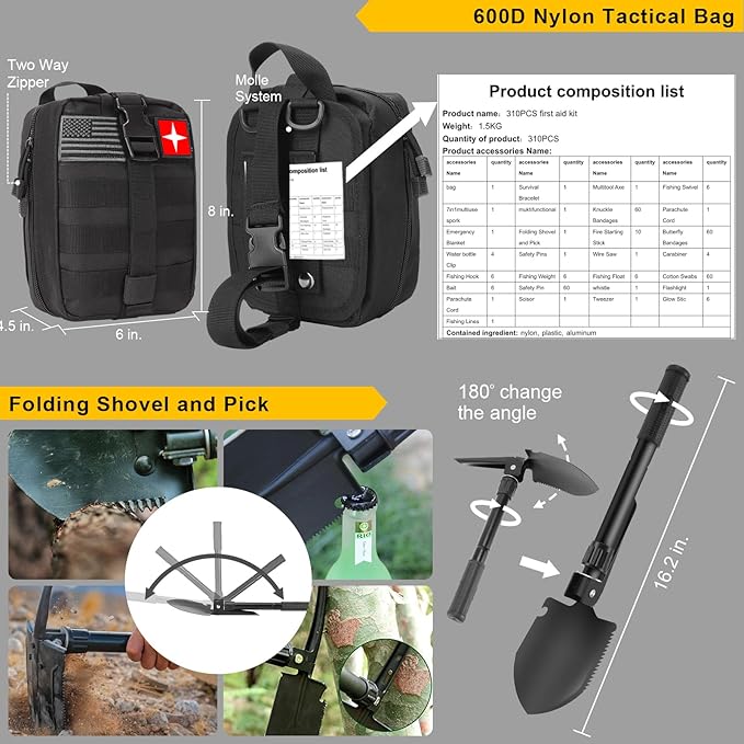 Survival kit, 310PCS Survival Gear and Equipment,Gifts for Christmas Men Women Teenagers,Survival Kit, Emergency for Camping Hiking Fishing