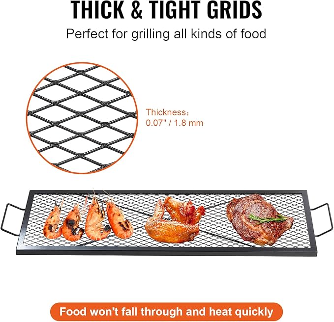 VEVOR X-Marks Fire Pit Grill Grate, Rectangle Cooking Grate, Heavy Duty Steel Campfire BBQ Grill Grid with Handle & Support X Wire, Portable Camping Cookware for Outside Party Gathering, 44 Inch Black