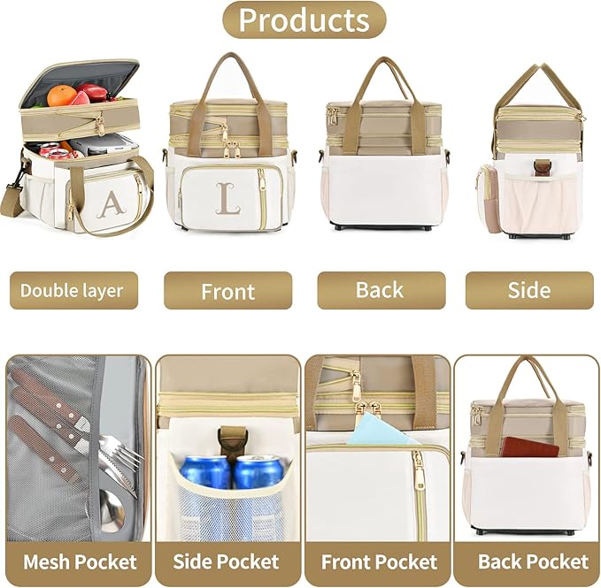 LOKASS Personalized Lunch Bag for Women Work, 16L Initial Insulated Lunch box for Adult/Womens Gift, Leakproof Personalized Gift Lunchbag with Adjustable Shoulder Strap, Cooler Bag Beige - D