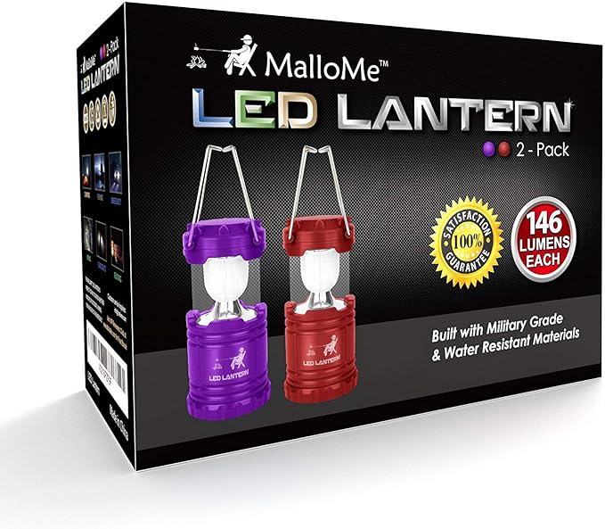 MalloMe Camping Lantern Red Purple 2 Pack Lanterns for Power Outages, Camping Lights for Tent Hanging, Camp Light Tent Lamp Emergency Battery Powered LED Lantern (Rechargeable Batteries Not Included)