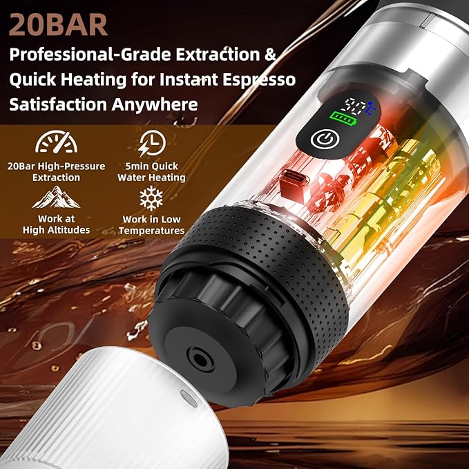 Portable Coffee Maker for Travel & Camping, Portable Espresso Maker for Travel, Rechargeable Cordless Battery Operated Coffee Makers for Ground Coffee, NS Capsule RV, Hiking, Office(Black)