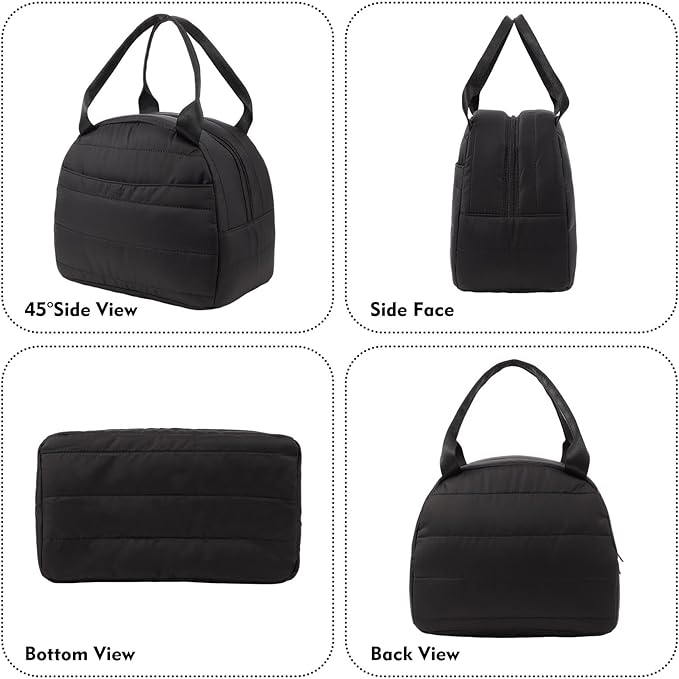 Lunch Bag Lunch Box for Women Men Adult Insulated Cute Small Quilted Puffer Lunchbox Reusable Thermal Lunch Cooler Tote Bag for Work, Picnic or Travel-Black