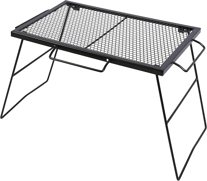 Folding Campfire Grill Grate, Portable Heavy Duty Steel Over Fire Camp Grill for Outdoor Camping Cooking Fire Pit, Black with 2 Heights