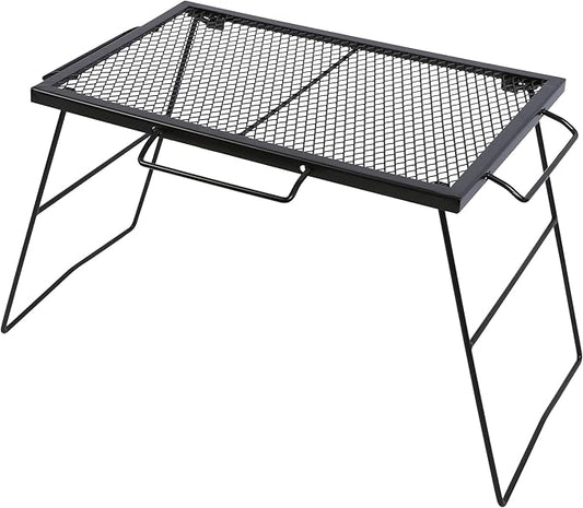 Folding Campfire Grill Grate, Portable Heavy Duty Steel Over Fire Camp Grill for Outdoor Camping Cooking Fire Pit, Black with 2 Heights