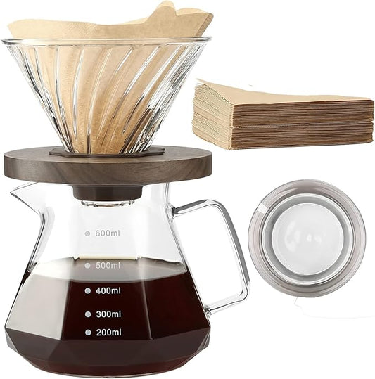 Pour Over Coffee Maker, 20 oz Borosilicate Glass Carafe with 100 pcs V60 Paper Filter by Gsform, Walnut Handle & Glass Lid, Drip Coffee Maker for Home Café Restaurant Camping, 600 ml, Clear