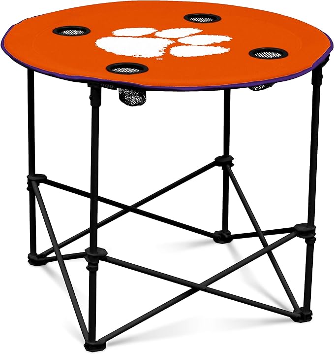 Logo Brands NCAA Clemson Tigers Round Tailgating Table – Portable with Foldable Legs, 4 Cup Holders, Powder-Coated Steel, and 27.6" Surface Diameter, Team Color