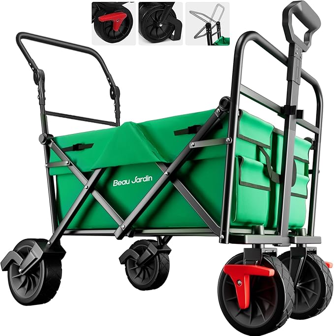 BEAU JARDIN Collapsible Foldable Push Pull Folding Beach Wagon 350lbs Heavy Duty Utility Camping Grocery Garden Sport Shopping Wagon Cart with All Terrain Big Sand Wheels and Brakes Green