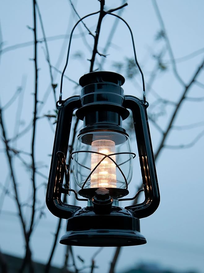 YAKii LED Vintage Metal Hanging Hurricane Lantern - 12 LED Dimmer Switch, Warm White Battery Operated Lantern for Power Outage, Indoor Camping, Outdoor Decoration (Black)