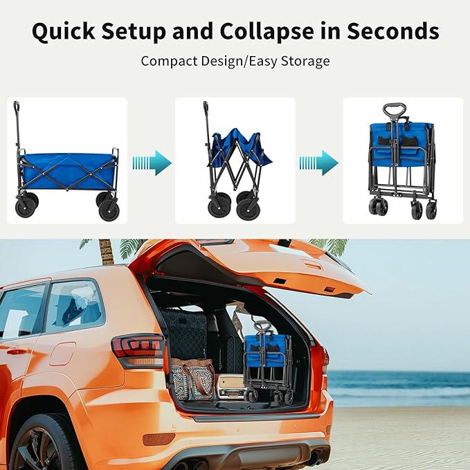 Collapsible Wagon Cart Foldable, 30" L Folding Beach Wagon with All-Terrain Wheels, Shopping Cart with 250lbs Capacity, Portable Camping Wagons Carts for Grocery Garden and Sports, Blue