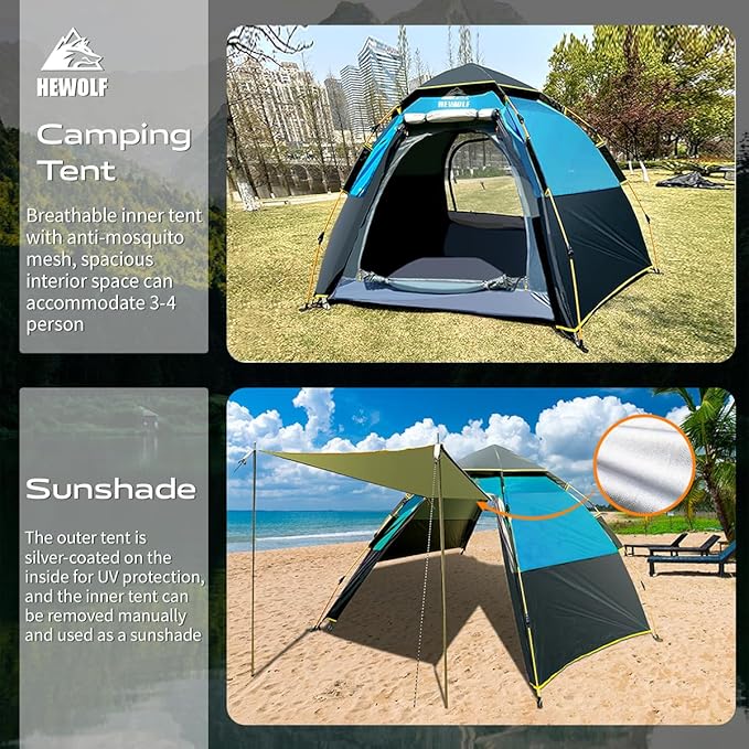 Hewolf 2/3/4 Person Camping Tent - Instant Pop Up Waterproof 2 Doors Tent with Easy Setup | 3-Season Hexagonal Dome Design for Family, Hiking & Traveling