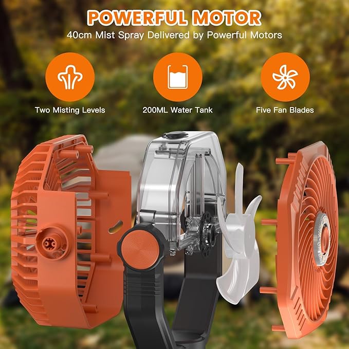 Camping Misting Fan Rechargeable - 20000mAh Portable Mist Fan For Tents With LED Lantern Light, Auto Oscillating With Remote For Outdoor, Battery Operated With Timer 5 Speeds(Orange)