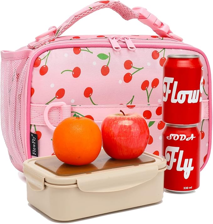 FlowFly Kids Lunch Bag, Durable Insulated School Lunch Box with Shoulder Strap and Bottle Holder, Water-resistant Thermal Small Lunch Cooler Tote for Teen Boys & Girls,Cherry