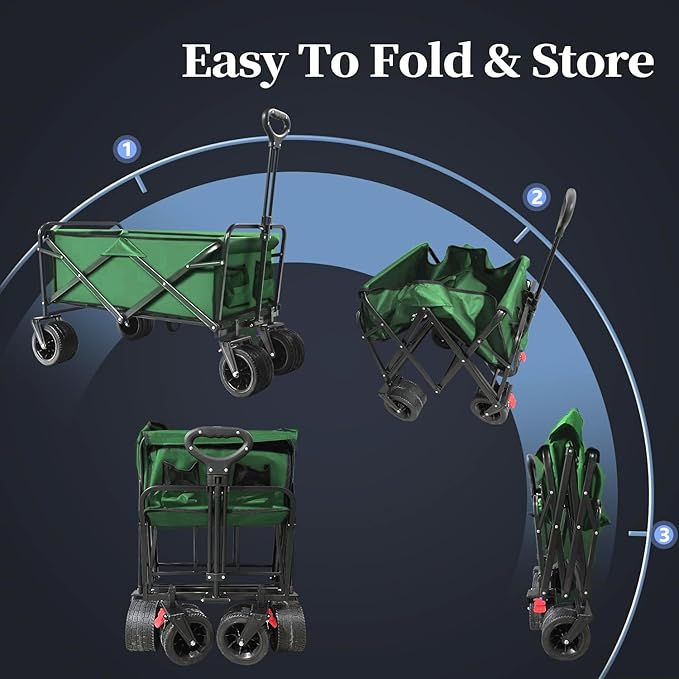 Collapsible Wagon Foldable Cart Heavy Duty, Large Capacity Grocery Beach Wagon for Camping Shopping, Green