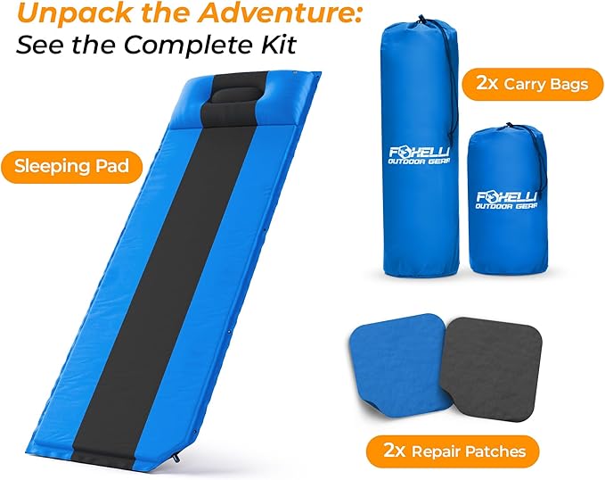 Foxelli Self Inflating Sleeping Pad for Camping, Backpacking, Hiking, Insulated Foam Lightweight Camping Mat, Inflatable Camp Mattress with Pillow