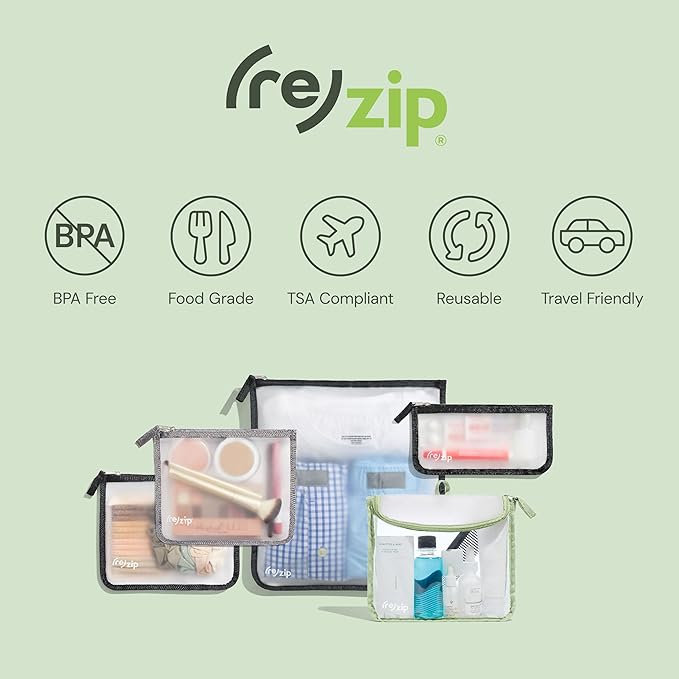 (re)zip Zippered TSA-Compliant Travel Quart Bag | Zippered, Reusable, Storage Bag for Toiletries, Makeup, Suitcase Organization | BPA-Free, Food Grade, Machine Washable (Clear, Sage Piping)
