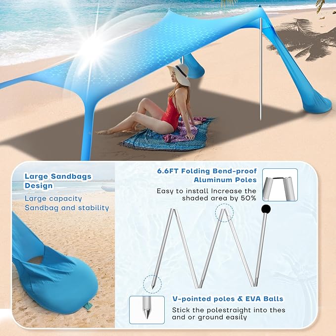 Beach Tent Canopy UPF50+ Protection, 10x10FT Beach Shade Sun Shelter Pop Up with 4 Stability Poles, Sandbags, Sand Shovels, Ground Pegs, Carrying Bag for Outdoor Family Camping Fishing Picnics
