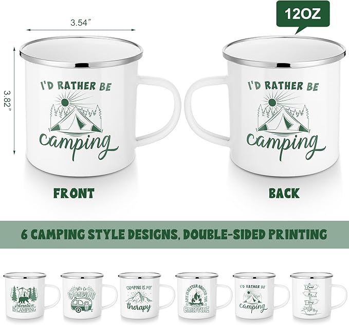 Pickmesh 6 Pcs Camping Mugs Enamel Cups 12oz Coffee Cups with Handle Camping Gifts for Outdoor Hiking Backpacking Lovers(Elegant Style)