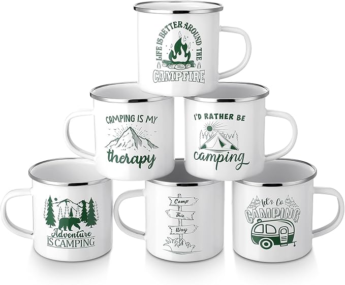 Pickmesh 6 Pcs Camping Mugs Enamel Cups 12oz Coffee Cups with Handle Camping Gifts for Outdoor Hiking Backpacking Lovers(Elegant Style)