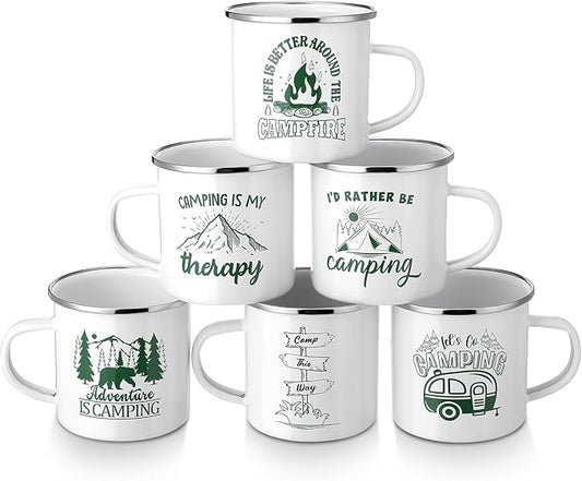 Pickmesh 6 Pcs Camping Mugs Enamel Cups 12oz Coffee Cups with Handle Camping Gifts for Outdoor Hiking Backpacking Lovers(Elegant Style)