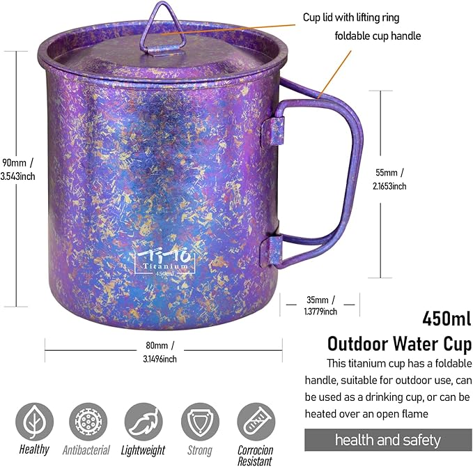 TiTo Titanium Cup Titanium Pot with Lid Ultralight Portable 450ml Foldable Handle Camping Tea Coffee Water Mug for Outdoor Backpacking Hiking Picnic Drinkware with Mesh Sack (Purple)