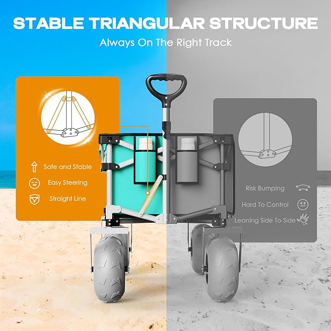 Beach Wagon with Big Wheels for Sand, All Terrain Steel Frame Foldable Beach Cart, 9" Inflatable Tires, 200L Large Capacity, Collapsible Design for Easy Transport, Lightblue