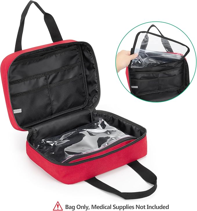 CURMIO Small First Aid Bag, Empty Emergency Trauma Kit Organizer Bag for Hiking, Camping, Car, Travel, Home and Outdoor, Red, BAG ONLY, Patent Pending