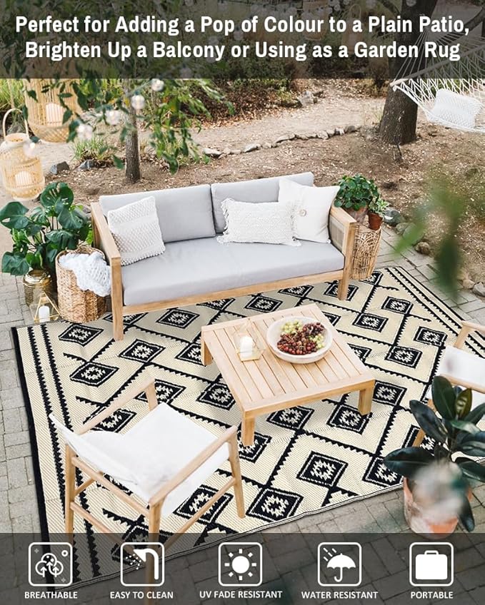 LILIOFFIC Outdoor Rugs - Reversible Mats, 5'x8' Plastic Straw Rug for Patio Clearance Waterproof, Indoor Outdoor Area Rug Carpet for Outside, RV, Deck, Picnic, Beach, Trailer, Camping(Black & Beige)