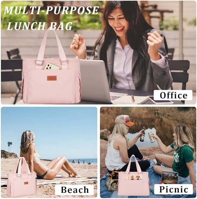 Large Women's Insulated Lunch Bag, Pink, 12L, Reusable, Durable, Adjustable Carrying Options