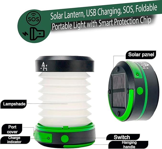Solar Camping Lantern - LED Lanterns for Power Outages, Camping Lights, Emergency Flashlight - Collapsible Lamp, Rechargeable W/ Solar or Plug